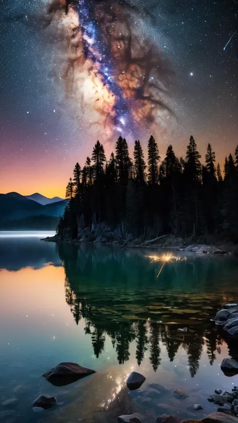 cinematic photo of pristine lake reflects a brilliant night sky overhead. The Milky Way stretch across the horizon, with countless stars shimmering and a few shooting stars streaking past