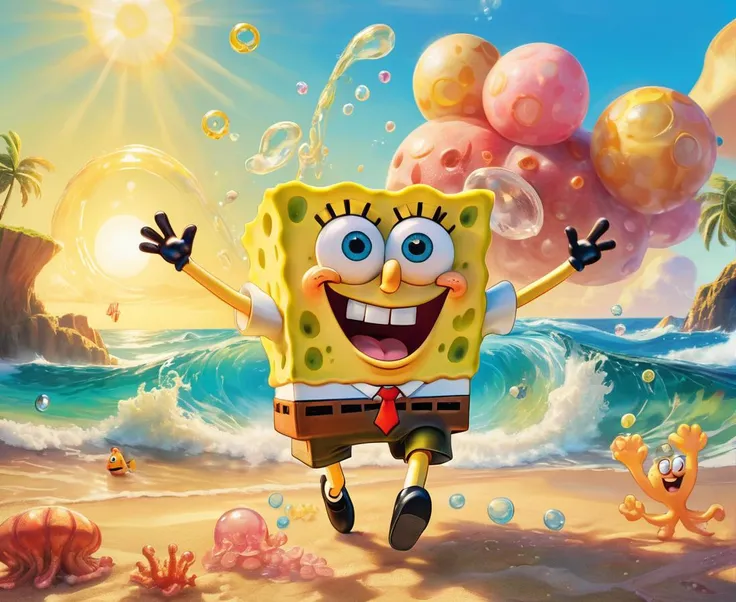cinematic photo of full-shot of SpongeBob SquarePants in his typical optimistic stance. He should have his signature wide smile, arms raised in excitement, with bubbles floating around him. The setting sun casts a warm hue over the underwater scene