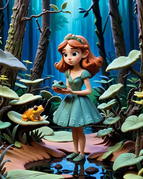 (A young teenaged princess is in love with the small toad she holds in her hands, in a boggy water bayou swamp:1.3)
Other frogs are hopping out of the princess's reach
(Towering cypress trees draped in Spanish moss:1.1) create a canopy overhead adding to the sense of mystery and romance.
(silvery glow casting dancing reflections on the slow-moving water.:0.8)
fairy lights creating a magical otherworldly atmosphere.
Shallow depth of field, tilt-shift photograph, 8k, claymation model
<lora:PAINTED_ANIMATION_ART-STYLEV3:0.6>
<lora:DD-made-of-clay-XL-v2:1.1> (made-of-clay:1.4)