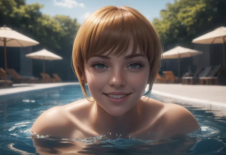 Accomplished Modular [Dom Santiago|Christina Ricci], Swimming, wearing spring armor, Caramel Bowl cut hairstyle, Side lighting, contest winner, Smiling happily,, Photorealistic Cinematic lighting 4K quality super realistic detailed photo style cinematic 35mm rich deep colors masterpiece ultra high resolution photorealism 8k hyper realism fujifilm  Naoki Urasawa and by Christoph Ludwig Agricola