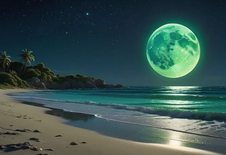 **At night sky, the beach is covered with blue and green fluorescence, the huge moon, elf light, stars, facula, the sea with fluorescence, the shining golden beach, the starry sky with moonlight, Michael james Smith's matte painting, reflection, cg rendering, volume light, space art, bioluminescence, unreal engine 5, magic of light, unreal engine rendering, super wide angle, super wide angle, high definition**