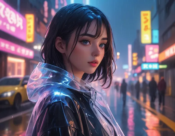 (solo, anime style:1.3), beautiful 20 year old woman with medium hair and wearing a transparent raincoat, on asphalt, night city, (heavy rain, torrential rain), neon lights, perfect lighting, detailed face and eyes, high resolution, sharp focus, best aesthetic, high aesthetic,
