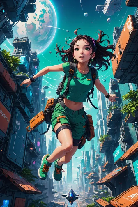 cute girl falling uncontrollably from sky towards ground , in a futuristic cargo sky city, large cargo space ships in the sky, vibrant colors, anime inspired, wide camera angle looking upwards,  planet earth in the background 
[:space ships fill the sky:5]
[:she have a happy expression:5] 
[:cyberpunk techwear outfit, sneakers ,backpack, large bow on her, strapped with gear:5]
[:neon color grade:5]
[:green and blue colors:5]
[:orange:5]
[:leg straps:10]
[:green shorts and top :7]
[:holograms in the background:5]
[:green plants in the background:5]
[:good legs:7]
[:crop top:10]
922829