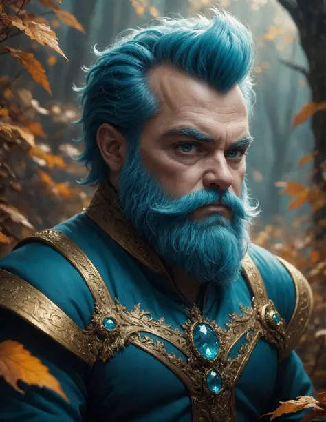 concept art f/1.4, square image, close up film photo, portrait of a Dwarf, cyan fauxhawk, gold eyes, faerie jewelry, elegant pose, atmospheric lighting, cinematic composition, detailed, autumn, mood, Mystery . digital artwork, illustrative, painterly, matte painting, highly detailed