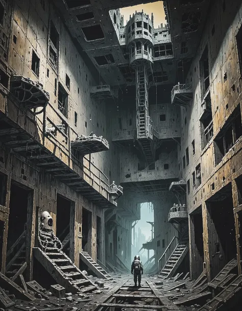 "Close up view of a scavenger lost inside a derelict space station, horror, dread, disturbing, high contrast, intricate, highly detailed, by M.C Escher and Zdzislaw Beksinski", surrealism, weird and pissed off, oil on canvas, dry brush, <lora:John Berkey Style:0.9>, John Berkey Style