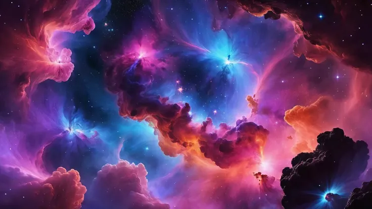 cinematic showcasing a majestic nebula formation. The nebula should burst with vibrant colors like purples, blues, and pinks, with silhouettes of newborn stars within. Surrounding the nebula, the inky blackness of space contrasts sharply with the glowing gas clouds.