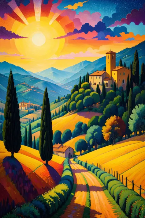 Strolling Down the 16th century Tuscany with mountains and Tuscany towers, fauvism, ashcan school, flickering light, by Georges Seurat, pointillism, <lora:xl_more_art-full_v1:0.5>