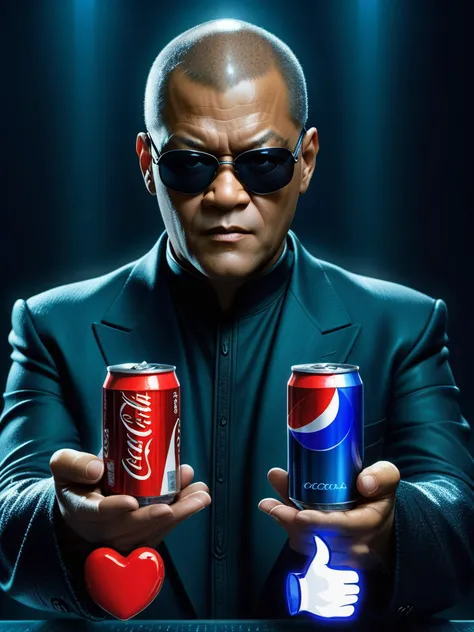 Morpheus presenting a choice of two drinks resting on his hands with open palms, can of coca-cola, can of pepsi, Laurence Fishburne, The Matrix, Reflective glasses, heart emoji underneath the coca-cola, dark blue thumbs up emoji below the can of pepsi, 8K HDR, Studio quality, Cinematic, intense, dramatic,