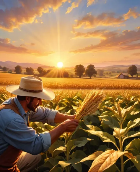 realistic image of a farmer harvesting crops at sunset. The farmer's hands are worn but skilled, and the golden light of the setting sun illuminates the ripe fields. A sense of hard work and satisfaction pervades the scene