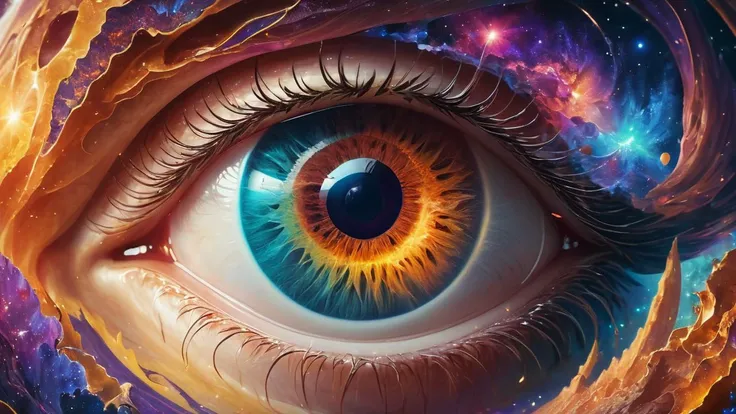 cinematic photo of the eye reveals a vast cosmos within, depict colorful nebula