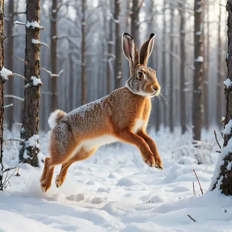 Hare jumping in the forest. The hare can be white and cheerful,camera zoom out, background forest winter snow