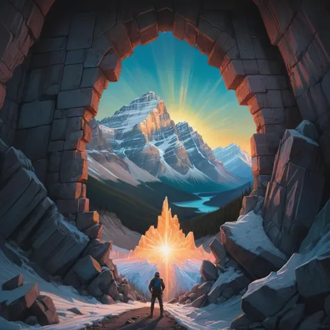 Technical illustration, Pastels artwork, Invigorating dungeon, landscape of a Glowing Exceptional (The Canadian Rockies:1.3) from inside of a Portal, at Blue hour, (designed by Peter Mohrbacher:0.8) , Tristan Eaton, Ultra Detailed, Energetic, New Wave Art, Sunlight, Low shutter, Low Contrast, defiant, challenging stare, arms crossed