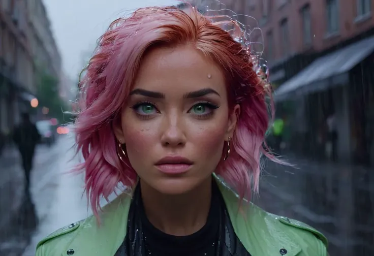 long shot, camera canon EOS 5d Mark iV, len 70mm, f2.6. Stunning and beautyfull caucasian woman with pink hair and light green eyes wearing modern trend clothes, in dynamic pose, under the rain on the city at daylight, gazing at viewer. Pikles, perfect eyes, detailed skin, intricate details, waterdrops on her face, hair and clothes, intense. Ambient Light, Hyperdetailed, Photorrealistic, depth of field, Movie Still, Film Still, Cinematic, Cinematic Shot, Cinematic Lighting, ambient occlussion, 64K UHD.