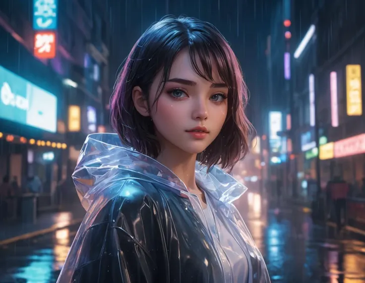 (solo, anime style:1.3), beautiful 20 year old woman with medium hair and wearing a transparent raincoat, on asphalt, night city, (heavy rain, torrential rain), neon lights, perfect lighting, detailed face and eyes, high resolution, sharp focus, best aesthetic, high aesthetic,