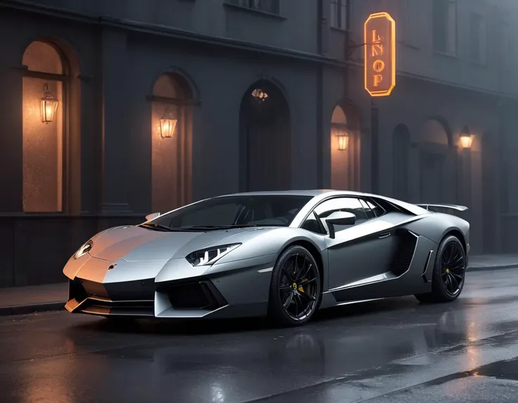 Neo-Rococo, Retro-themed illustration, (Gunmetal Grey Lamborghini Aventador:1.3) with a vintage twist, (Old-school cool:1.3), (Classic lines:1.2), (Nostalgic charm:1.2), BREAK, (backdrop backdrop:1.3), (Retro vibes:1.3), (Neon signs:1.2), (Vibrant atmosphere:1.2), Created with a retro touch, Timeless color palette, Distinctive details, curved forms, naturalistic ornamentation, elaborate, decorative, gaudy, Neo-Rococo, volumetric, fog, smoke