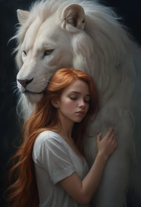 Impressionist painting Side shot of a Girl with very long Red hair hugging her Huge Fluffy white lion, Girl Sleeping, sad and dark, cool Aesthetic background . Loose brushwork, vibrant color, light and shadow play, captures feeling over form