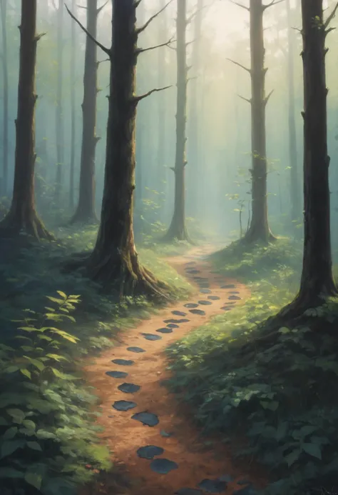 Irritated "Footprints on the forest floor, a dance with nature's symphony, harmonizing our steps with the earth's rhythm.", Grim, 80s Art