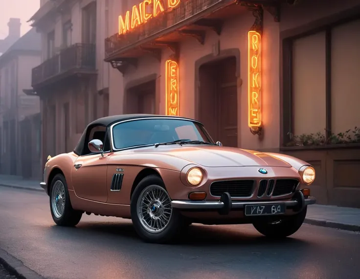 Neo-Rococo, Retro-themed illustration, (Rose Gold BMW Z4:1.3) with a vintage twist, (Old-school cool:1.3), (Classic lines:1.2), (Nostalgic charm:1.2), BREAK, (backdrop backdrop:1.3), (Retro vibes:1.3), (Neon signs:1.2), (Vibrant atmosphere:1.2), Created with a retro touch, Timeless color palette, Distinctive details, curved forms, naturalistic ornamentation, elaborate, decorative, gaudy, Neo-Rococo, volumetric, fog, smoke