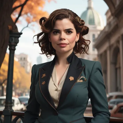 (art by Peter Mohrbacher:0.7) and (Alphonse Mucha:0.9) , a storybook illustration, Unreal Engine, grand of a Fashionable Smiling voluptuous Nigerian (Hayley Atwell of Grace:1.3) plain jane, Hayley Atwell is wearing her suit, her suit is Minimalist, It has Galaxy adornments on it, Adventure pose, Hayley Atwell has Gothic hair styled as Pigtails, from inside of a Buenos Aires, Fall, split diopter, Bronzepunk, F/1.8, Kinemacolor, High quality, UHD, confused, looking around scared