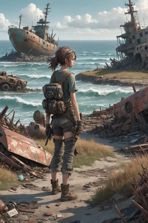 Illustration, Pattern, Prop Design, Post-apocalyptic wasteland, Ocean, Countryside, Empowering, Obfuscate[anime scavenger young woman :5][ behind back:10][ strapped with gear and weapons:15]