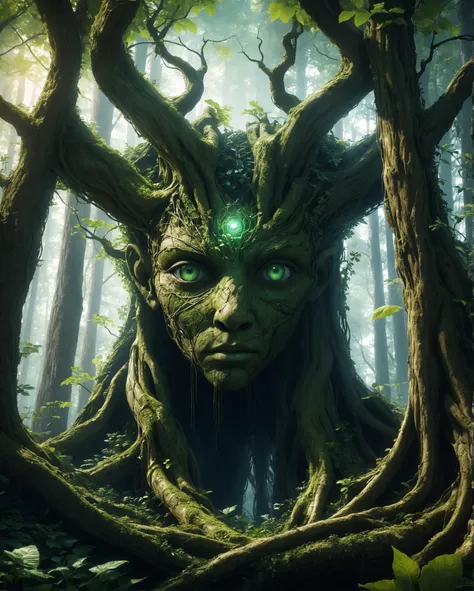 cinematic still close up of nature elemental ent creature made entirely of green leaves vines flowers and tree roots with a look of concern in a magical forest ruins, nature elemental, ent, vines, roots, glowing eyes, forest ruins, prowling, close up, eldritch, bear, lion, shiny intricate details, sharp, 3D rendering, cinematic lighting, unreal engine, blender