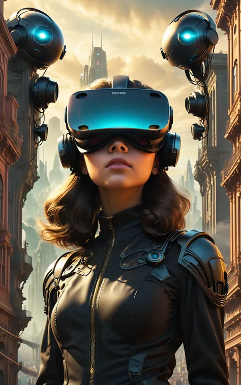 Vintage style avatar of a teenage female wearing a high-tech VR headset, situated in an otherworldly San Francisco backdrop, posing elements of HR Giger and Beksinski's intricate mind-bending forms and Artgerm's signature flair, trending on both CGSociety and ArtStation, captured in a breathtaking matte painting style film poster, adhering to the golden ratio, offering a chilling aura under the meticulous detailing and explosive vibrancy, boasting a production-grade cinematic character render in ultra-high<lora:xl_more_art-full_v1:0.5>
