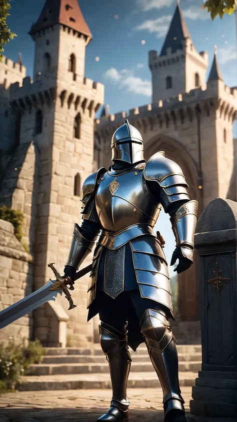 photoreal image of a noble knight in shining armor, standing defiantly before a majestic castle's gates. The knight's sword is drawn, ready to defend against an unseen enemy, the castle looms large and proud in the background, cinematic styling, Movie, IMAX 70MM . award-winning, professional, highly detailed . shallow depth of field, vignette, highly detailed, high budget Hollywood movie, bokeh, cinemascope, moody, epic, gorgeous, film grain, grainy