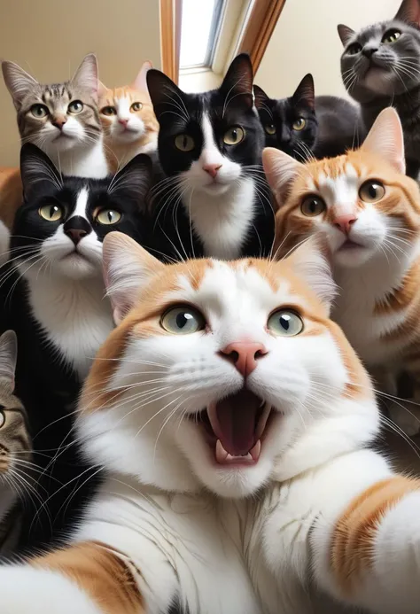 a lot of cats take a selfie,
photography very realist