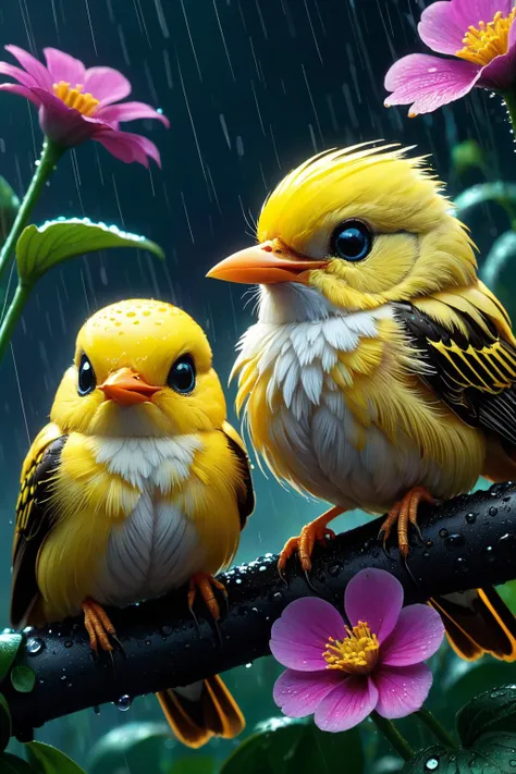 A family of cute little birds gathered in the rain, cute and adorable, filigree, long striped tail, reflective eyes, flowers, rim lighting, lights, extremely fluffy, detailed eyes. magic, surreal, fantasy, digital art, wlop, artgerm and james jean, , ultra hd, realistic, vivid colors, highly detailed, UHD drawing, pen and ink, perfect composition, beautiful detailed intricate insanely detailed octane render trending on artstation, 8k artistic photography, photorealistic concept art, soft natural volumetric cinematic perfect light, sf, intricate artwork masterpiece, ominous, matte painting movie poster, golden ratio, trending on cgsociety, intricate, epic, trending on artstation, by artgerm, h. r. giger and beksinski, highly detailed, vibrant, production cinematic character render, ultra high quality model, Miki Asai Macro photography, close-up, hyper detailed, trending on artstation, sharp focus, studio photo, intricate details, highly detailed, by greg rutkowski