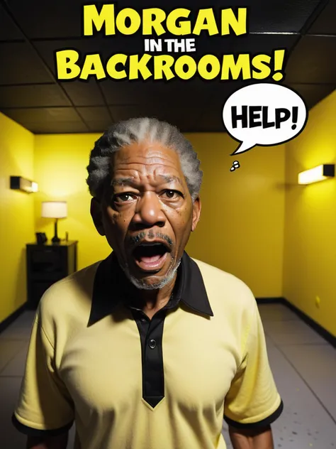 minecraft, bold yellow text says Morgan in the Backrooms!, morgan freeman, shouting, scared, panic, speech bubble says help!, yellow walls, yellow carpet, moist floor, flickering fluorescent lights, horror, ominous,