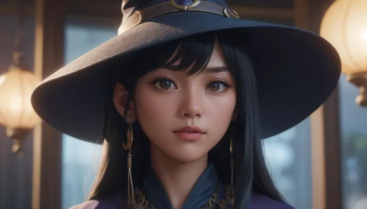 cinematic macro close-up portrait shot still of a (insulted:1.4) asian middle-aged female witch hanging up artwork . 35mm photograph, film, bokeh, professional, 4k, highly detailed, photorealistic hyperrealism illustration anime CG film