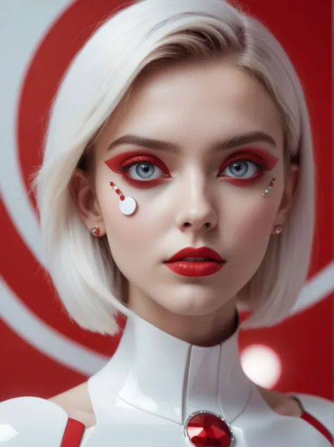 (masterpiece, best quality), portrait photo of an 18 y.o woman, red and white asymmetric face ornaments, futuristic, (cinematic, film grain:1.1),