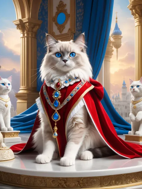 Portrait of mature ragdoll cat, blue eyes, fur, majestic, dressed in a red cape, as king of cats,on top of the ivory castle, intricate baroque wall patterns, with bone china transparent cat statues, servants working in the background, epic God ray comming from above, mist,  clouds, epic, impersonation, four paws, sitting down, all paws on the floor, beautiful, masterpiece, High Fidelity 3D, Photorealism, hyperrealism <lora:cyborg_style_xl:0.3> <lora:offset_0.2:0.4> <lora:k3nk3lly:0.1> <lora:woman_64_prodigy:0.1>