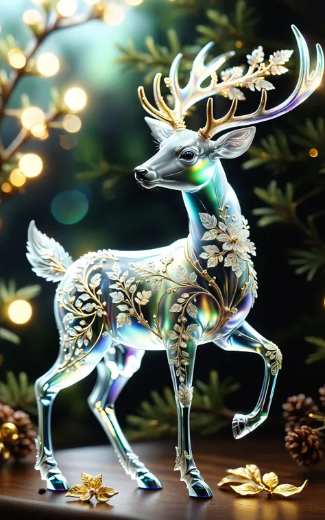 extremely delicate iridiscent deer made of glass, translucent, tiny golden accents, beautifully and intricately detailed, ethereal glow, whimsical, art by Mschiffer, best quality, glass art, magical holographic glow<lora:xl_more_art-full_v1:0.5>  <lora:SDXLFrosted:0.6>