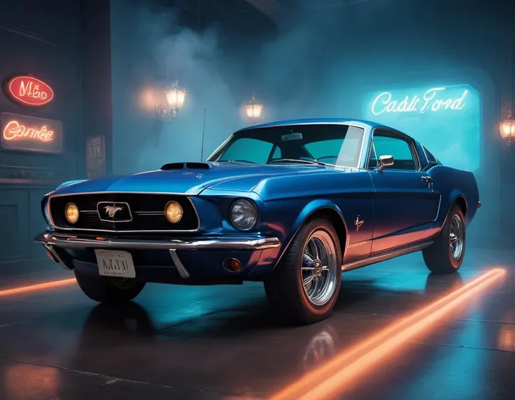 Neo-Rococo, Retro-themed illustration, (Cobalt Blue Ford Mustang GT:1.3) with a vintage twist, (Old-school cool:1.3), (Classic lines:1.2), (Nostalgic charm:1.2), BREAK, (backdrop backdrop:1.3), (Retro vibes:1.3), (Neon signs:1.2), (Vibrant atmosphere:1.2), Created with a retro touch, Timeless color palette, Distinctive details, curved forms, naturalistic ornamentation, elaborate, decorative, gaudy, Neo-Rococo, volumetric, fog, smoke