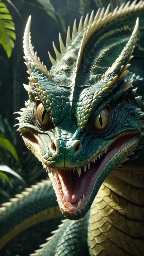 Cinematic close-up of a gargantuan basilisk, its slit-eye glaring with predatory intensity, scales glistening with venom, 8k resolution, hyper-detailed, the ambient light revealing the intricate patterns and textures of its ancient hide