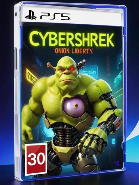 Cybershrek Onion Liberty for the PS5, Shrek, cyborg, bright red eye, cyberpunk, PS5 Game, bold yellow text says, "CYBERSHREK", orange text below says, "Onion Liberty", mechanical, robotic, chest cavity, onion inside chest, onion powered cyberware, world's first 30+ game, studio quality, the police can't stop him, 8 k uhd, concept art, state of play background, futurism, it's all ogre now,
