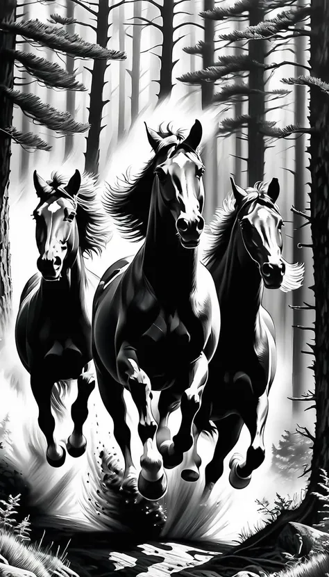Pencil Drawing, extreme shot, (three horses: 1.5) jumping through the forest, feeling of speed, strength, freedom, style of Arthur Adams