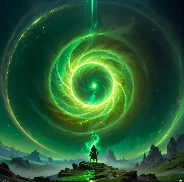 vfx effect, magic spiral glow, bright colors, green magic flow glow aura, smoke, magical, cosmic, glowing full moon in center, pjablonski style, high fantasy illustration, <lora:Piotr-Jablonski-artstyle:1>, zhelong zhu,aleksi briclot,ryan hewett,octane render,unreal engine 5,ray tracing,trending on artstation,splash art,official art