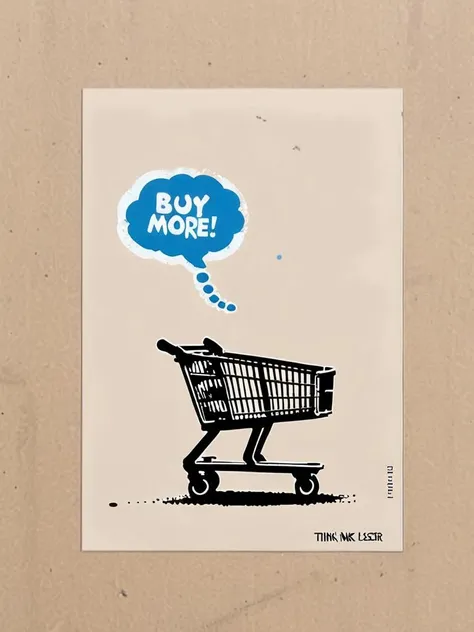 postcard design <lora:Banksy Style:1> Banksy Style postcard, banksy stencil print of an empty shopping cart with a think bubble that says "buy more loser", simple colored background