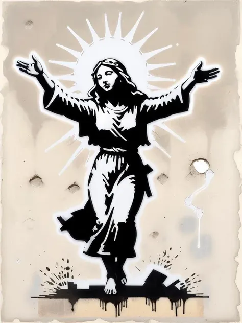 <lora:Banksy Style:1> Banksy Style page, banksy stencil print of female Jesus dancing, simple background