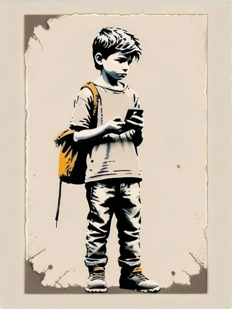 postcard design <lora:Banksy Style:1> Banksy Style postcard, a poor boy with an iphone, simple colored background