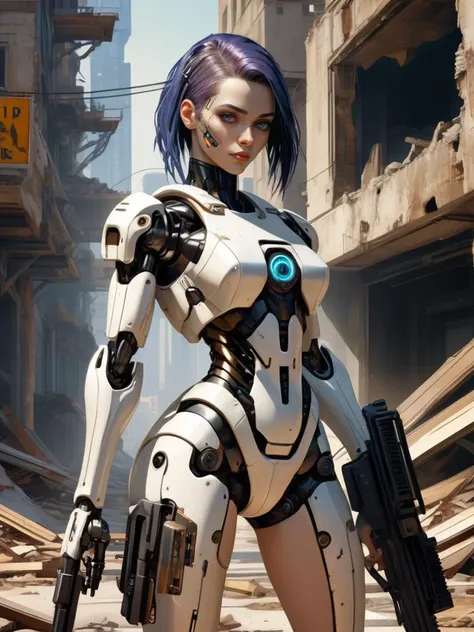 official art, 4k, photography, (cyberpunk biotic city in ruins:1.4), (biotic robot girl holding sniple rifle:1.45), (cyberpunk style:1.4), (art by J.C. Leyendecker:1.2)