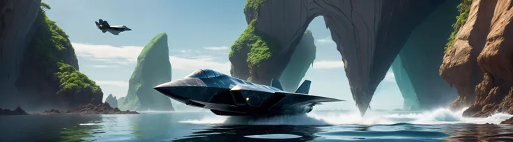 Generate an awe-inspiring image that showcases a cutting-edge, futuristic high tech stealth fighter breaking free from the ocean's surface with dramatic force vertically by supercavitation, leaving a trail of splashing water behind. This aircraft should embody sleek aerodynamics, with a polished chrome surface that glistens in the sunlight. The setting is a surreal and captivating archipelago landscape bathed in ethereal light, with towering rock formations and lush green islands scattered across the horizon. The aircraft's emergence should evoke a sense of power and mystique, with the reflection of the sea in its chrome surface and the archipelago's beauty in the background. Use your artistic prowess to captivate viewers with this breathtaking scene.