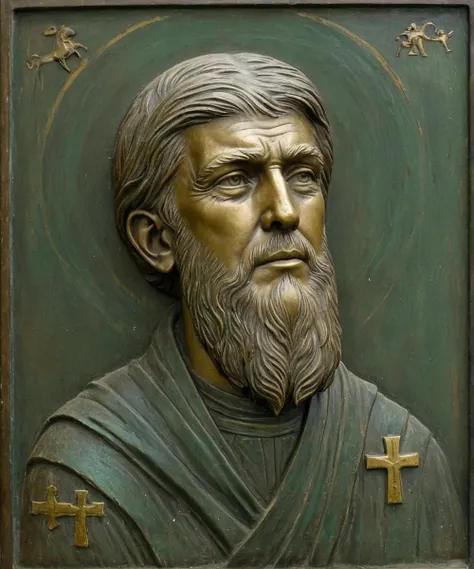 orthodoxal icon,bronze,patina,scratches,extreme detail,16k