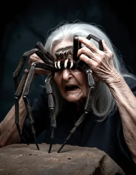 Horror-themed The tarantula spider climbs to the top of the old womanâs head, she grabs it from her head and eat him ,she screams . Eerie, unsettling, dark, spooky, suspenseful, grim, highly detailed
