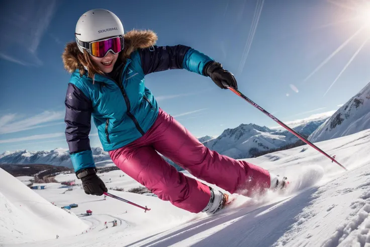 from below,full body,photo of a 18 year old girl,skiing,happy,laughing,ray tracing,detail shadow,shot on Fujifilm X-T4,85mm f1.2,sharp focus,depth of field,blurry background,bokeh,lens flare,motion blur,<lora:add_detail:1>,