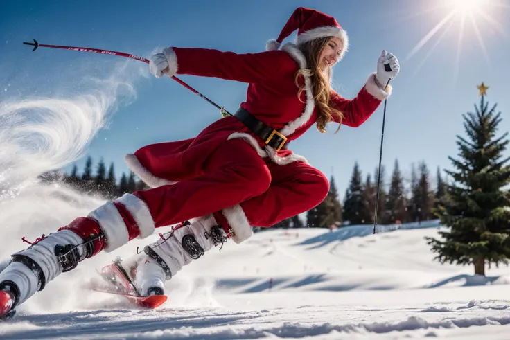 full body,photo of a 18 year old girl,skiing,happy,laughing,Santa Clausâs outfit,Red Coat,Red Hat,Red Trousers,Black Belt,Black Boots,White Gloves,christmas theme,Christmas tree,snowman,outdoor,windy,heavy snow,detail background,ray tracing,detail shadow,shot on Fujifilm X-T4,85mm f1.2,sharp focus,depth of field,blurry background,bokeh,lens flare,motion blur,<lora:add_detail:1>,