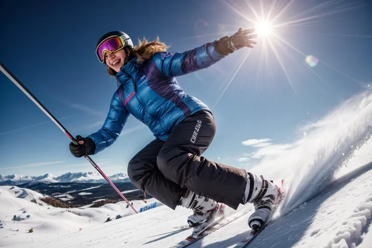 from below,full body,photo of a 18 year old girl,skiing,happy,laughing,ray tracing,detail shadow,shot on Fujifilm X-T4,85mm f1.2,sharp focus,depth of field,blurry background,bokeh,lens flare,motion blur,<lora:add_detail:1>,
