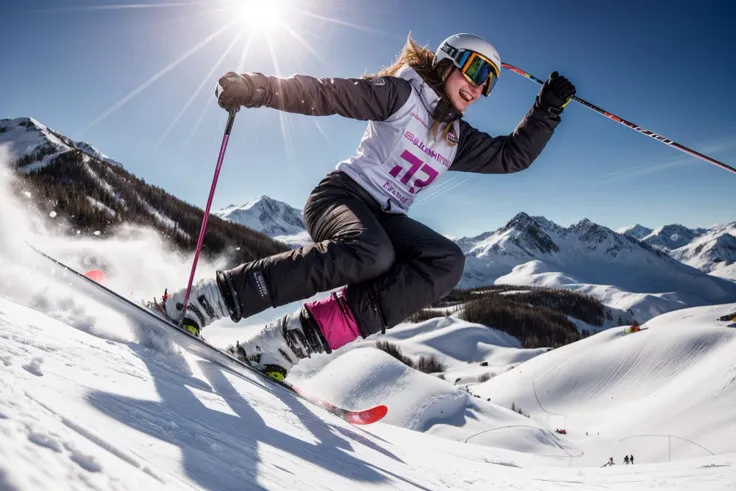 full body,photo of a 18 year old girl,skiing,happy,laughing,ray tracing,detail shadow,shot on Fujifilm X-T4,85mm f1.2,sharp focus,depth of field,blurry background,bokeh,lens flare,motion blur,<lora:add_detail:1>,